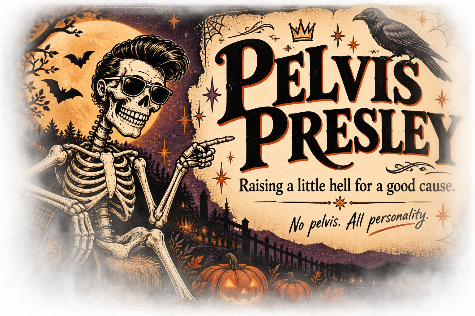 Pelvis Presley, a hand-inked skeleton in sunglasses, points at the title under an orange moon with a raven and pumpkins